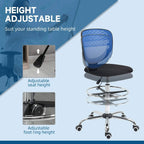 Dark blue mesh-backed armless drafting chair with adjustable black seat height and foot ring