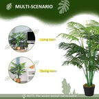 Green artificial palm tree in a black nursery pot with spreading fronds