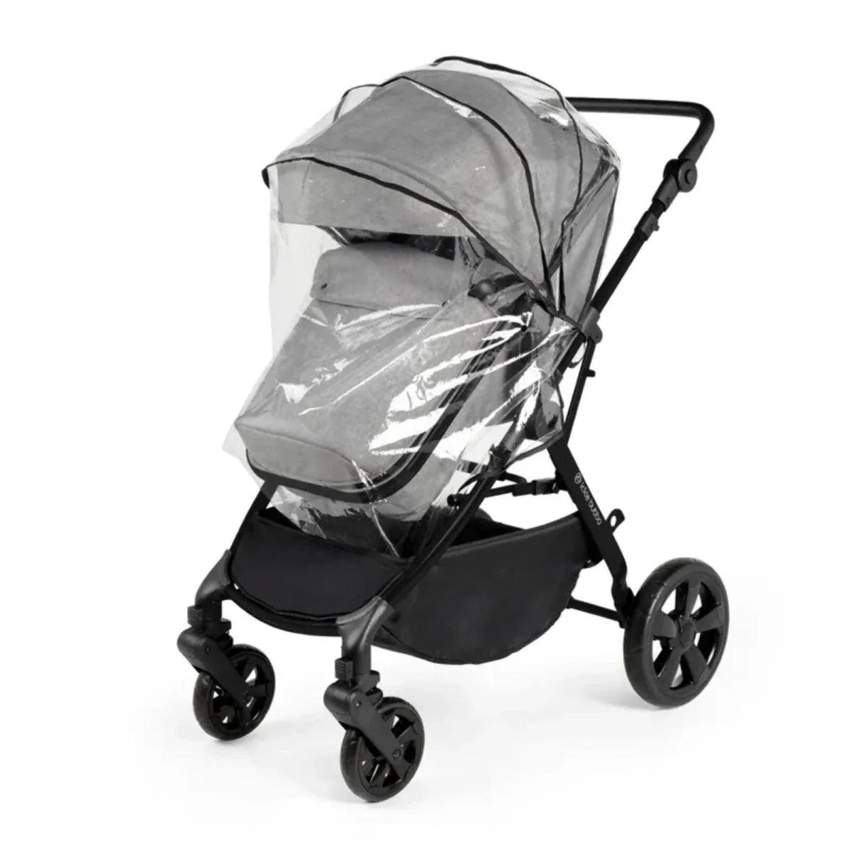 Space grey stroller with clear rain cover, canopy, and black frame