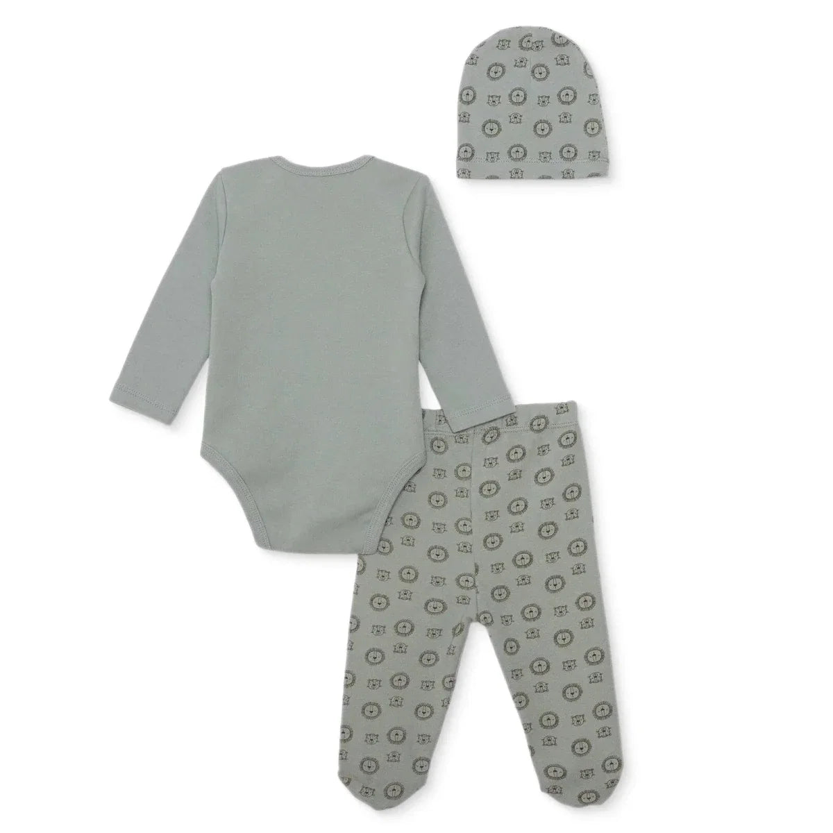 Green long-sleeve bodysuit with footed pants and matching patterned hat