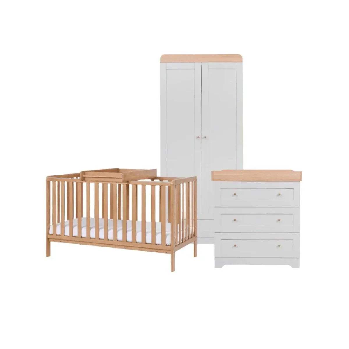 Honey oak slat cot bed with white wardrobe and drawer chest, matching kids furniture