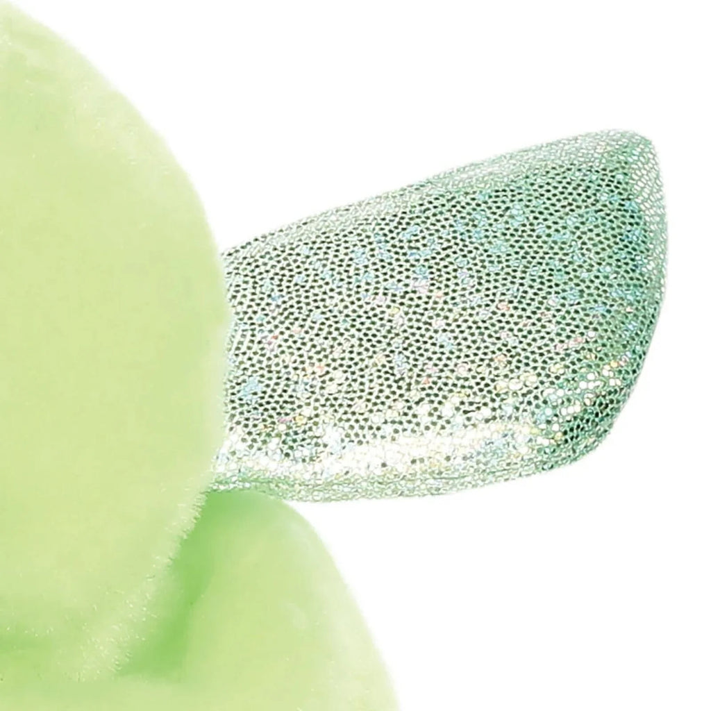 Silver glitter fabric wing on a green plush grasshopper soft toy.