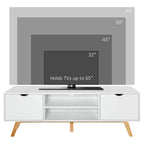 White TV stand cabinet with two drawers and central open compartment, wood legs