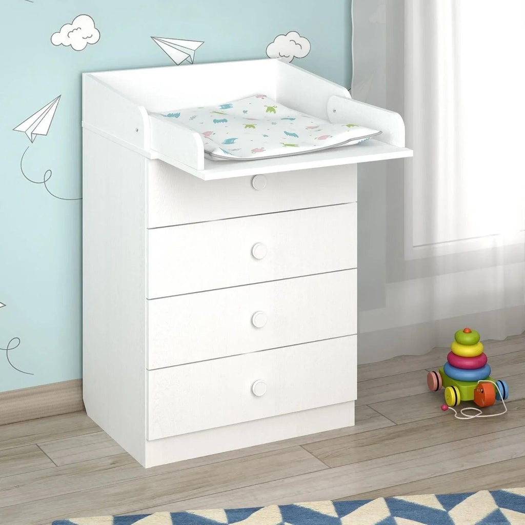 White kids changing dresser with 3 drawers and built-in changing pad sides