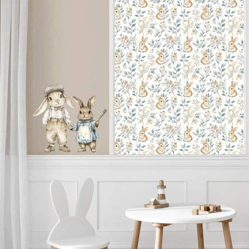 Rabbit and floral wall panel drop with small woodland bunny figures and leafy pattern