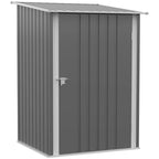 Grey lean-to steel garden shed with locking door and gable-style roof