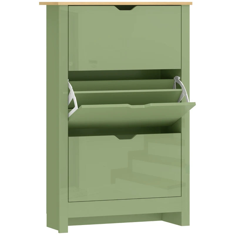 Green slim shoe cabinet with flip drawers, open front revealing interior shelves