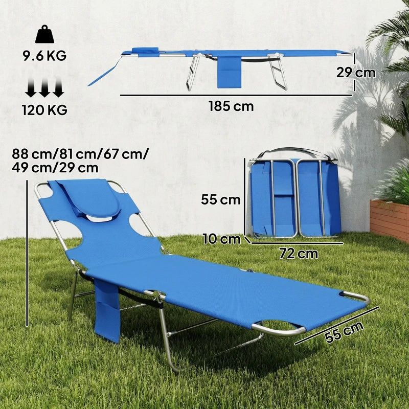 Blue folding sun lounger with curved headrest, side pocket, and reading hole