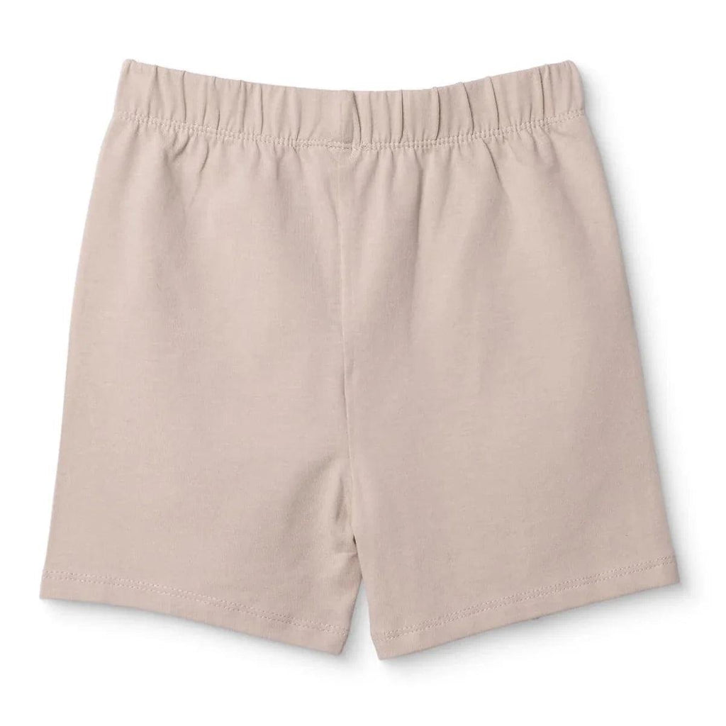 Mink jersey baby shorts front view with elastic waistband and straight hems