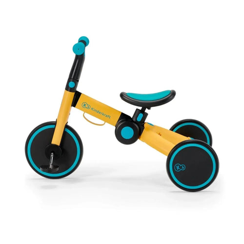 Kids tricycle in yellow and black with turquoise seat and wheel trims