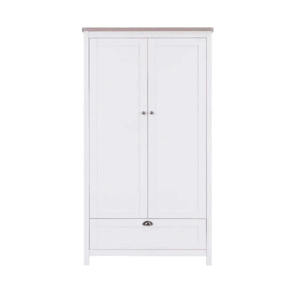 White wardrobe cabinet with two doors and a small lower drawer