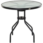Black round bistro table with tempered glass top and center umbrella hole