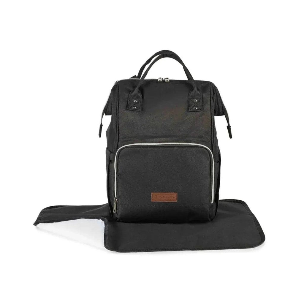 Black travel backpack with front pocket, zippers, and tan logo patch