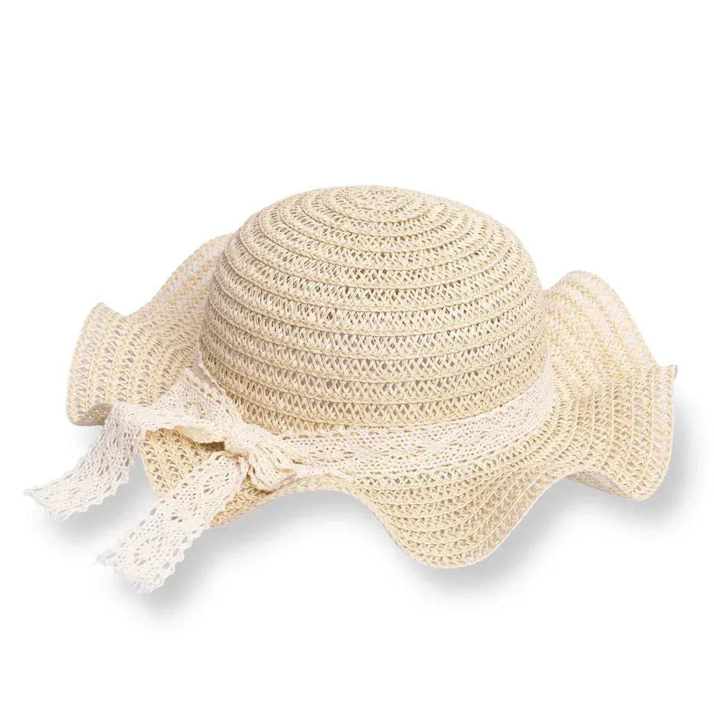 Ecru straw baby hat with wide brim and lace-like ribbon trim