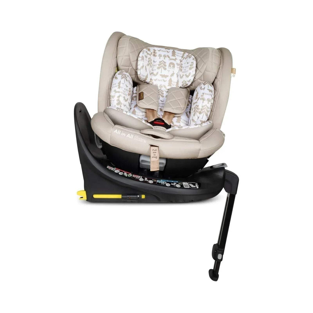 Beige infant car seat with animal-print inserts, padded harness, and black base