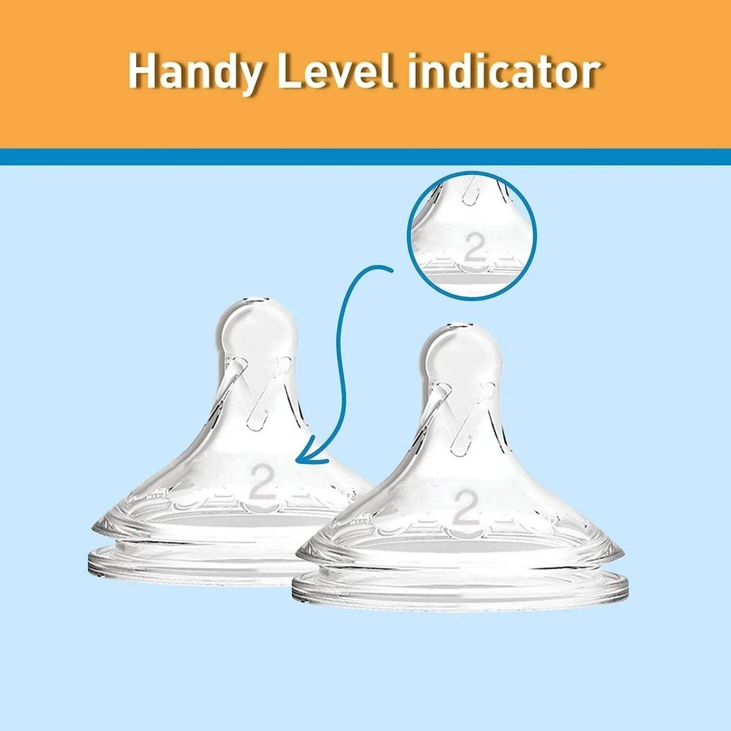 Pair of wide-neck baby bottle teats with level 2 indicator and flow marking