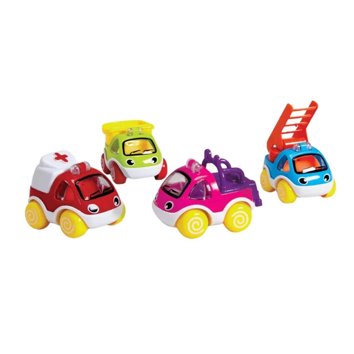 Set of four colorful mini toy cars with smiling faces and raised details