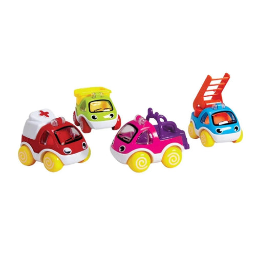 Set of four colorful mini toy cars with smiling faces and raised details