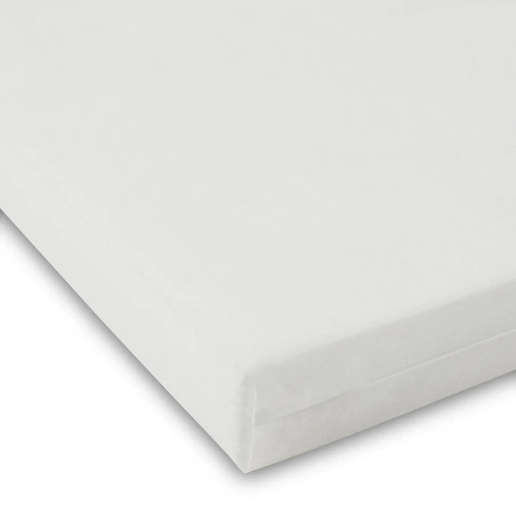 Light cot mattress corner view with smooth cover and stitched edges