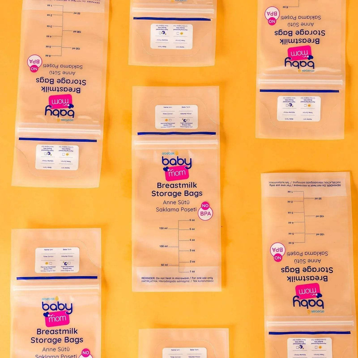Assorted baby breast milk storage bags pouch packages arranged in rows