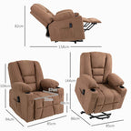 Brown lift recliner chair shown in reclined and raised positions