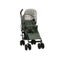Cosatto Supa 3 stroller in dark green with hedgehog-print canopy and padded seat