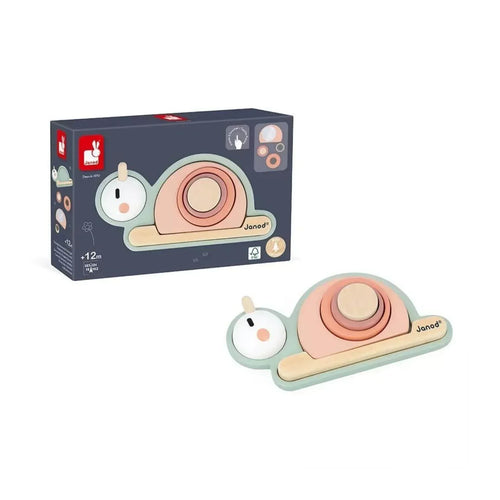 Pastel snail sensory stacking toy with mint base and pink rings, shown with box