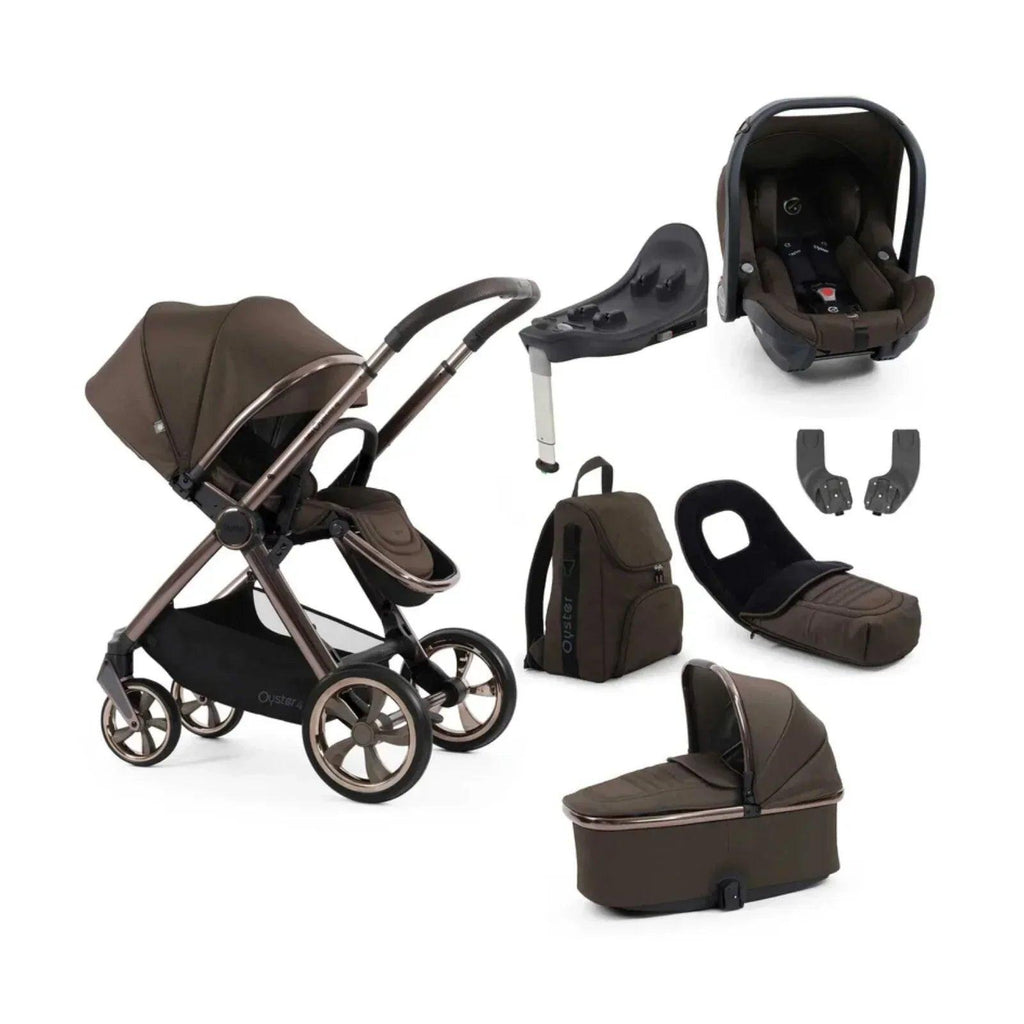 Chocolate velvet stroller bundle with car seat, footmuff, and carry bag