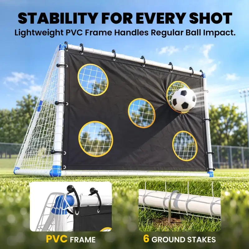 Portable football goal with black target cloth, yellow-ring circles, white PVC frame