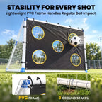 Portable football goal with black target cloth, yellow-ring circles, white PVC frame