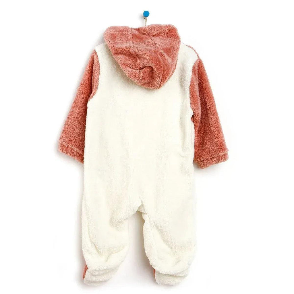 Newborn fox hooded footed jumpsuit back view in terracotta and cream teddy fleece.