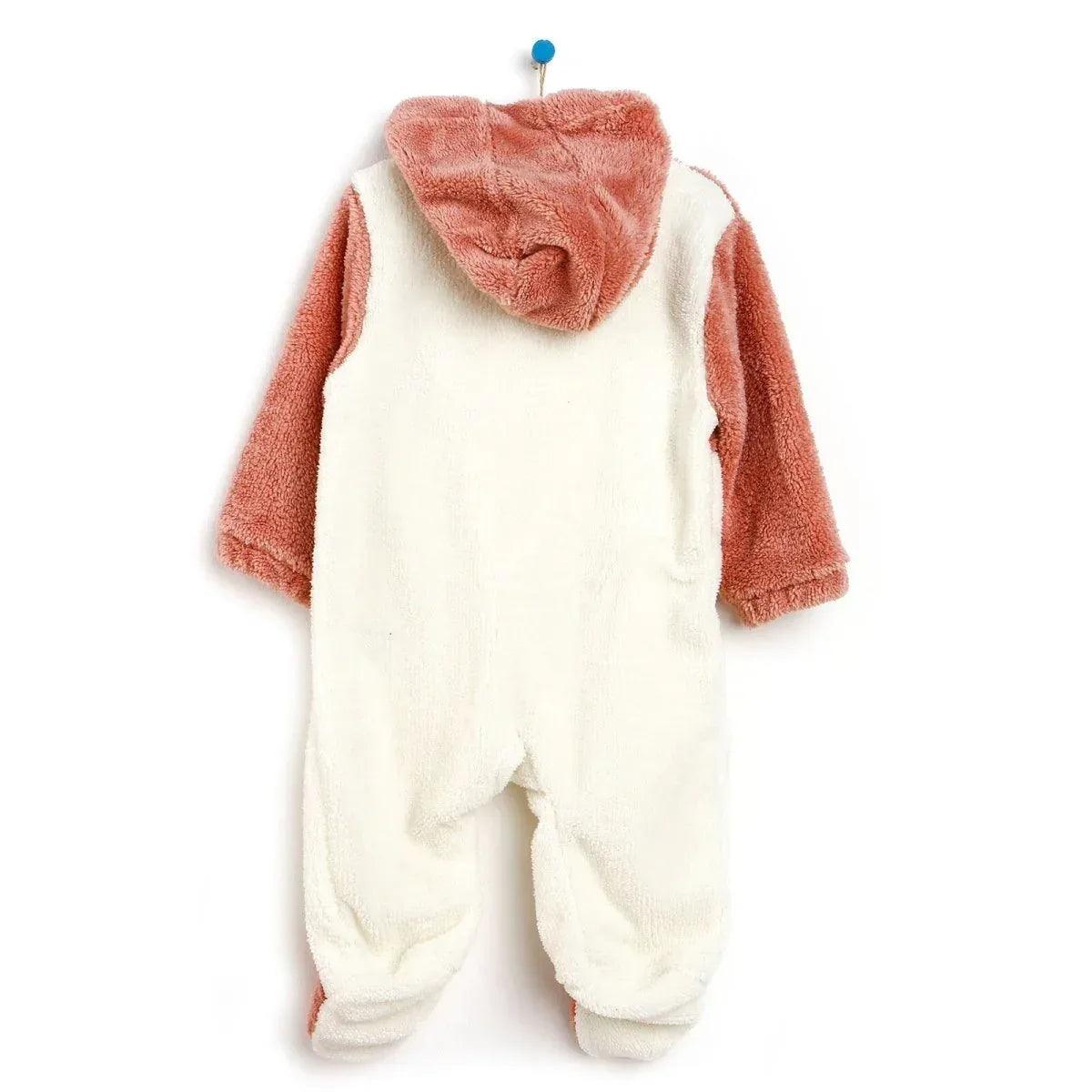 Newborn fox hooded footed jumpsuit back view in terracotta and cream teddy fleece.