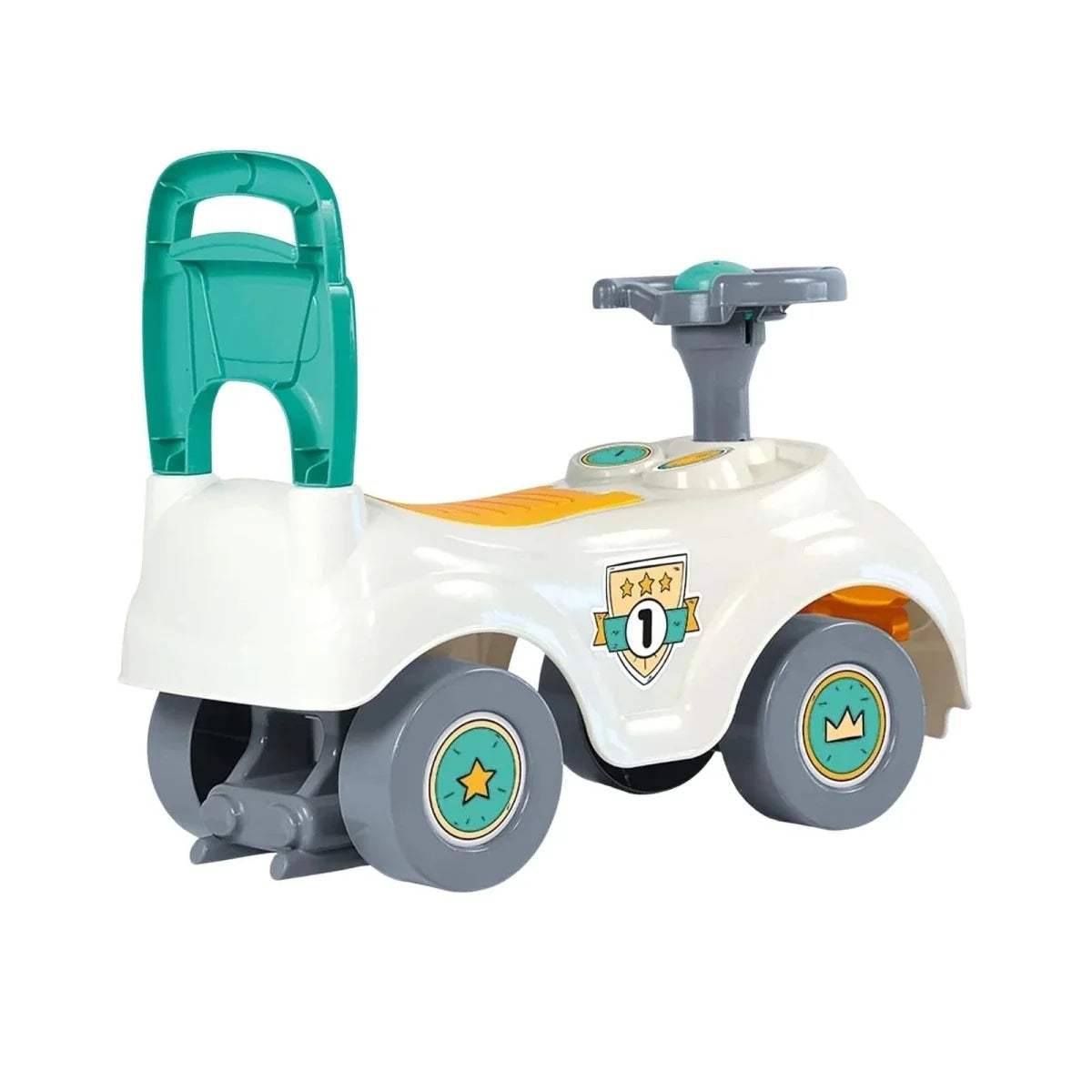 White ride-on car with teal rear handle, gray wheels, and gold number badge on door
