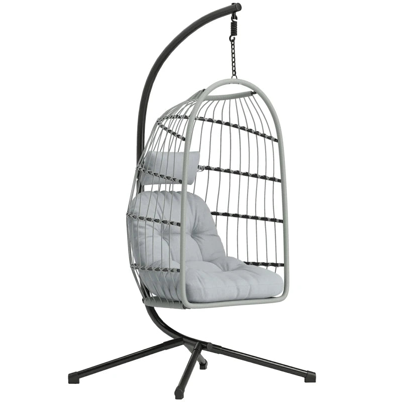 Light grey hanging egg chair with metal stand and padded seat cushion