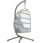 Light grey hanging egg chair with metal stand and padded seat cushion