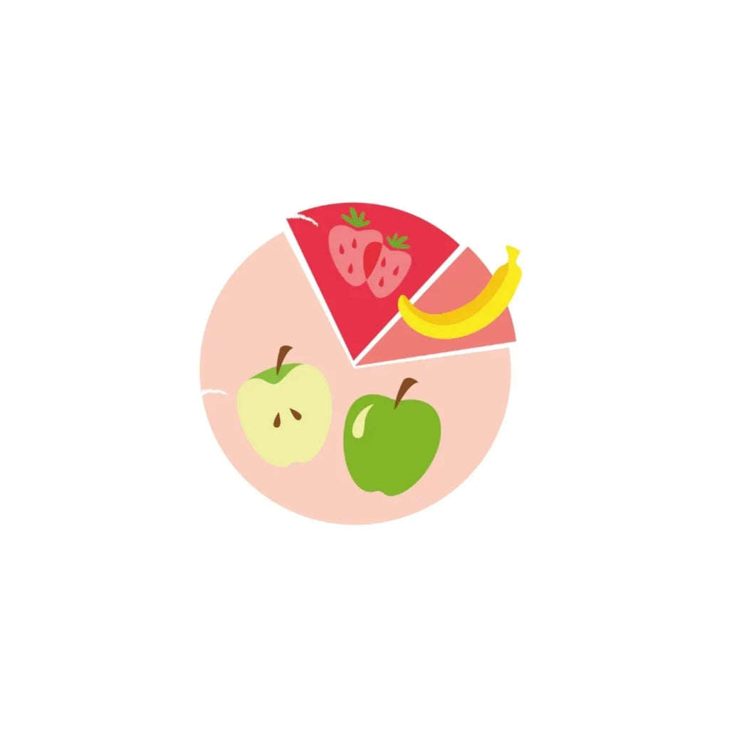 Baby food pouch branding circle graphic with strawberry, apple and banana