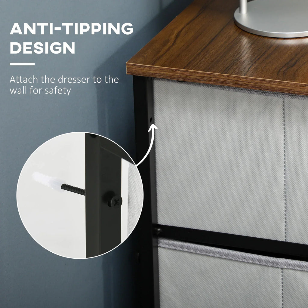 Fabric Chest of Drawers, Storage Drawers, Industrial Bedroom Dresser with 6 Fabric Drawers, Steel Frame and Wooden Top for Nursery, Living Room, Hallway, Grey - Bobobiy