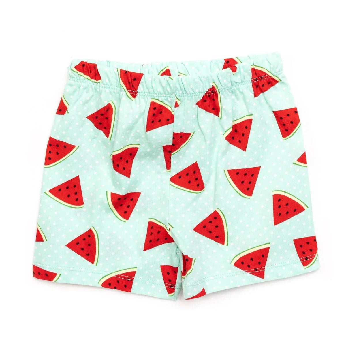 Mint baby pajama shorts with red watermelon slice print and elastic waistband