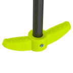 Green plastic ground anchor foot with screw opening for metal swing set frame.