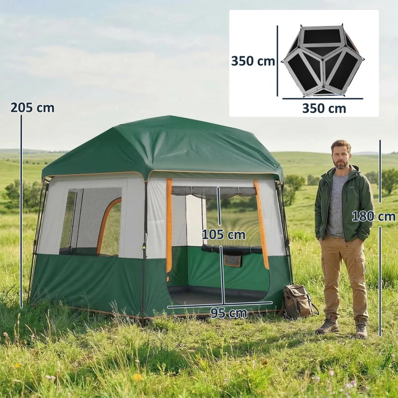 Green 4-person dome camping tent with mesh panels and orange frame details
