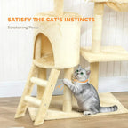 Beige cat tree with scratching posts, covered condo, and ladder steps