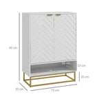 White shoe storage cabinet with chevron doors and open shelf, with labeled dimensions
