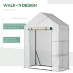 Portable walk-in greenhouse with roll-up zip door and clear PE mesh sides, steel frame