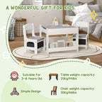 White kids table and chair set with grey tabletop and bookcase-style storage shelves