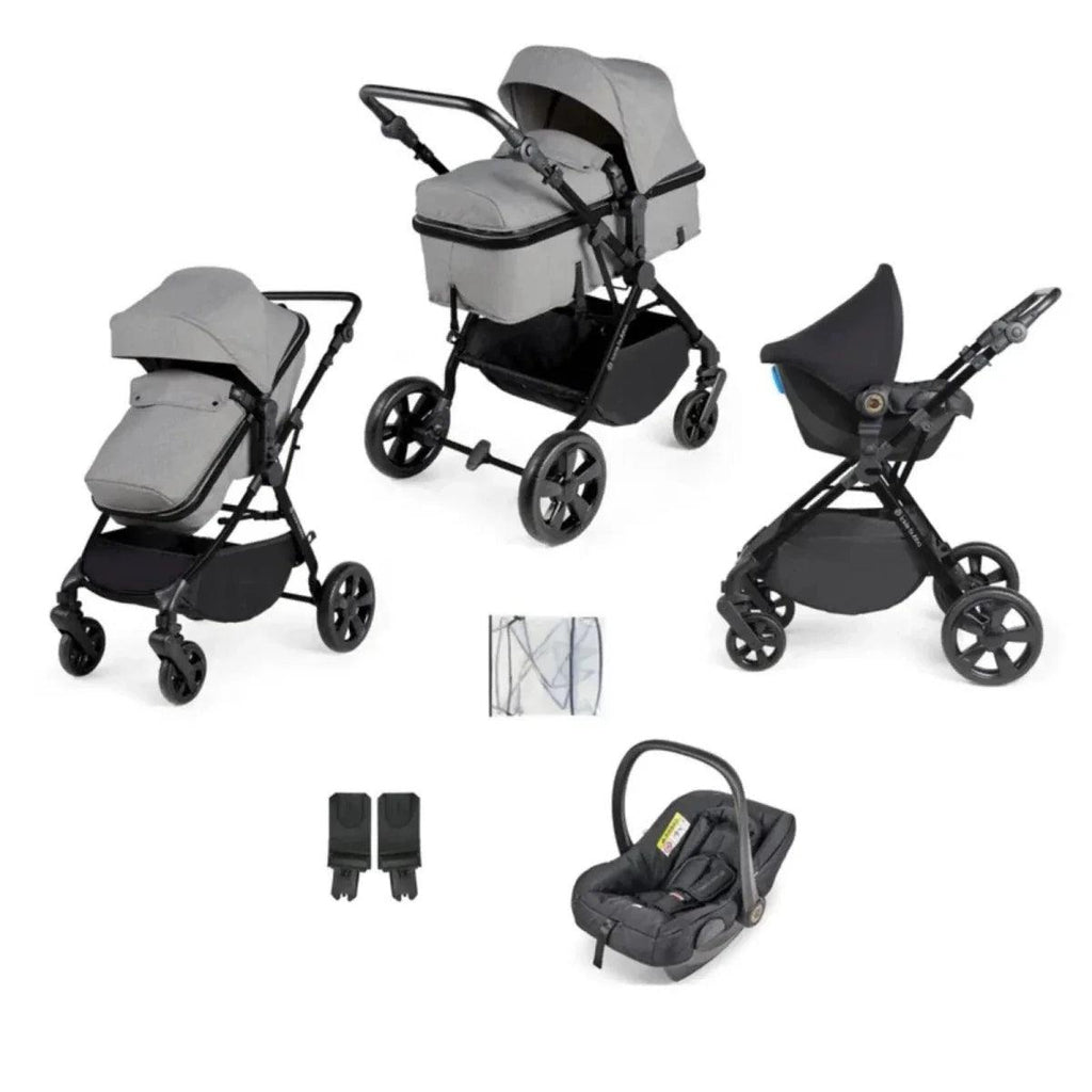3-in-1 travel system set in space grey: stroller, carrycot, and car seat with accessories