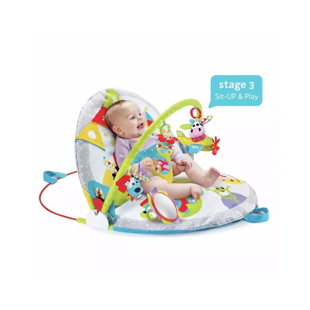 Sit-up and play baby gym mat with overhead arch and hanging ring toys