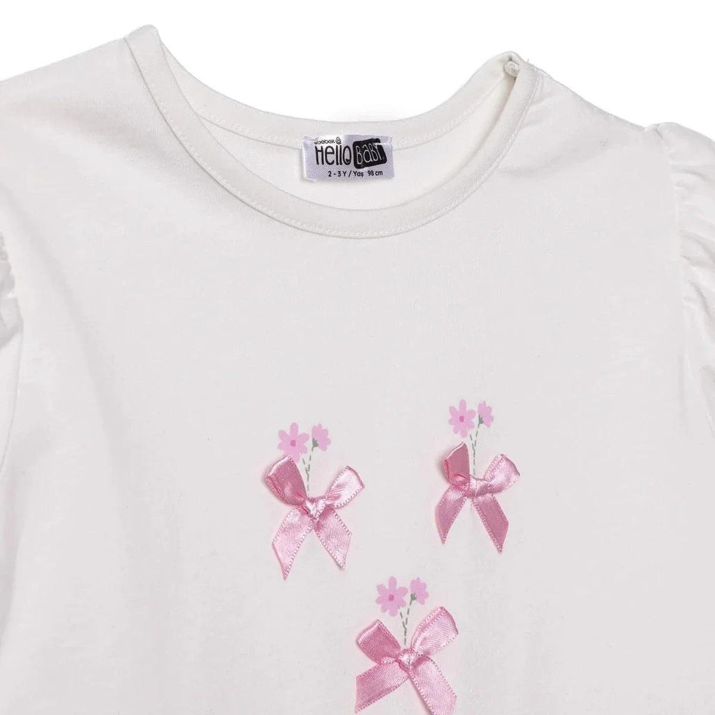 Ecru cotton baby short-sleeve blouse with pink bow and flower print detail