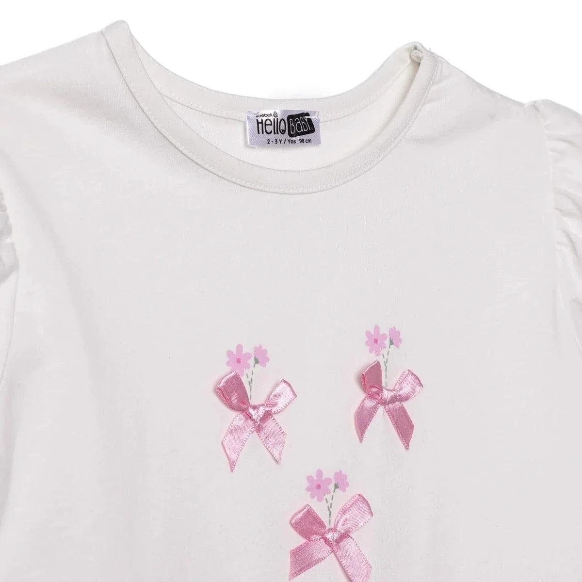 Ecru cotton baby short-sleeve blouse with pink bow and flower print detail