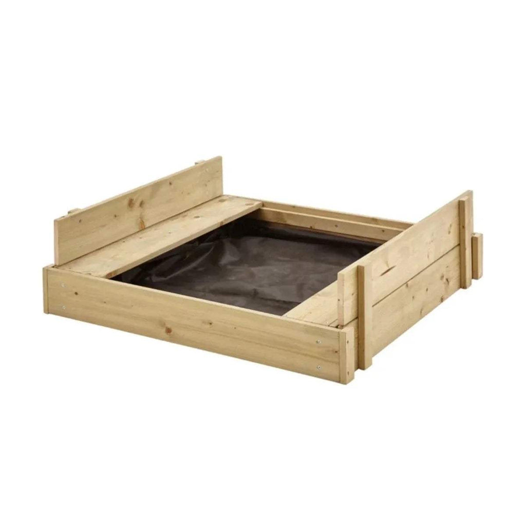 Wooden lidded sandpit with open interior and dark liner cover
