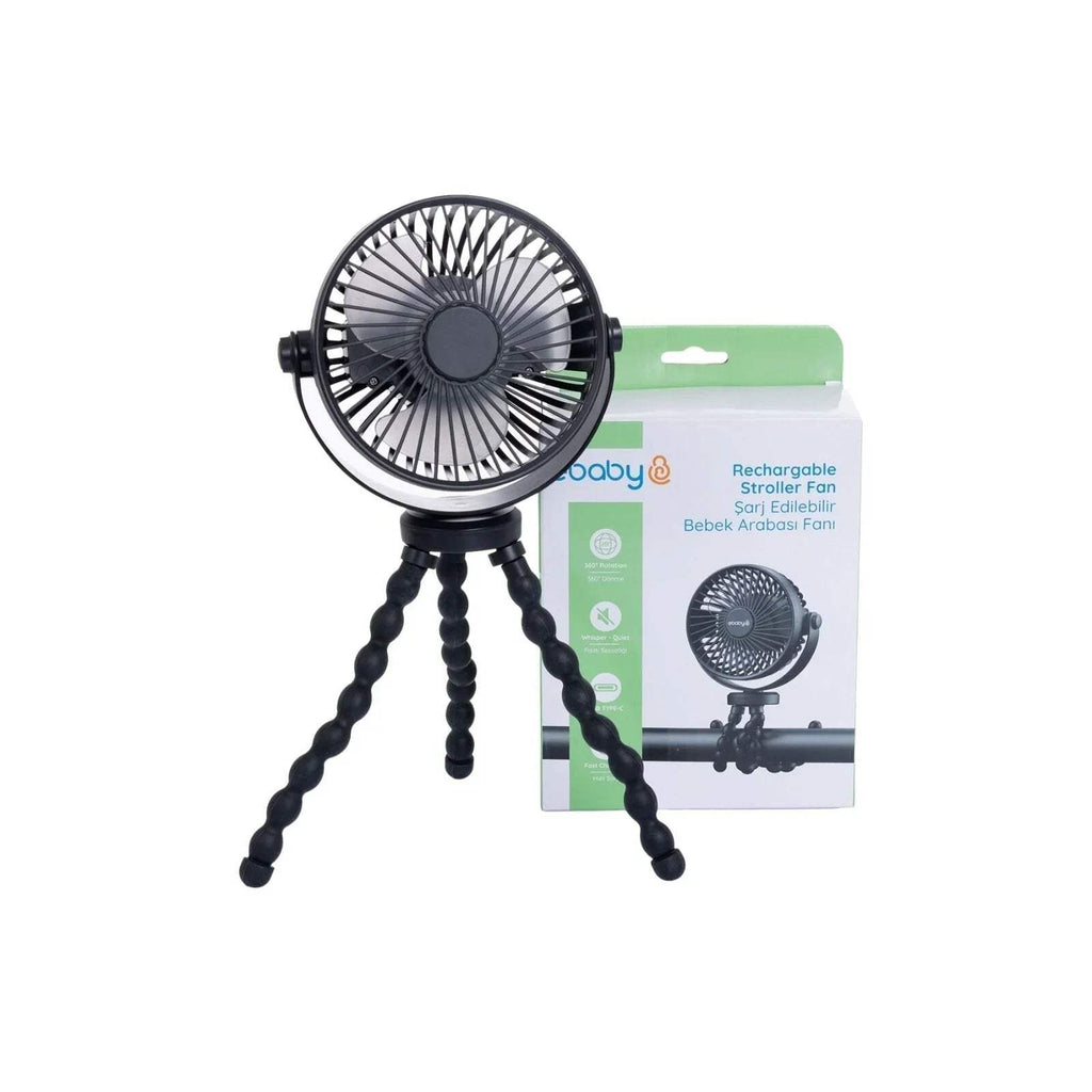Black rechargeable stroller fan with round grille and tripod-style flexible stand